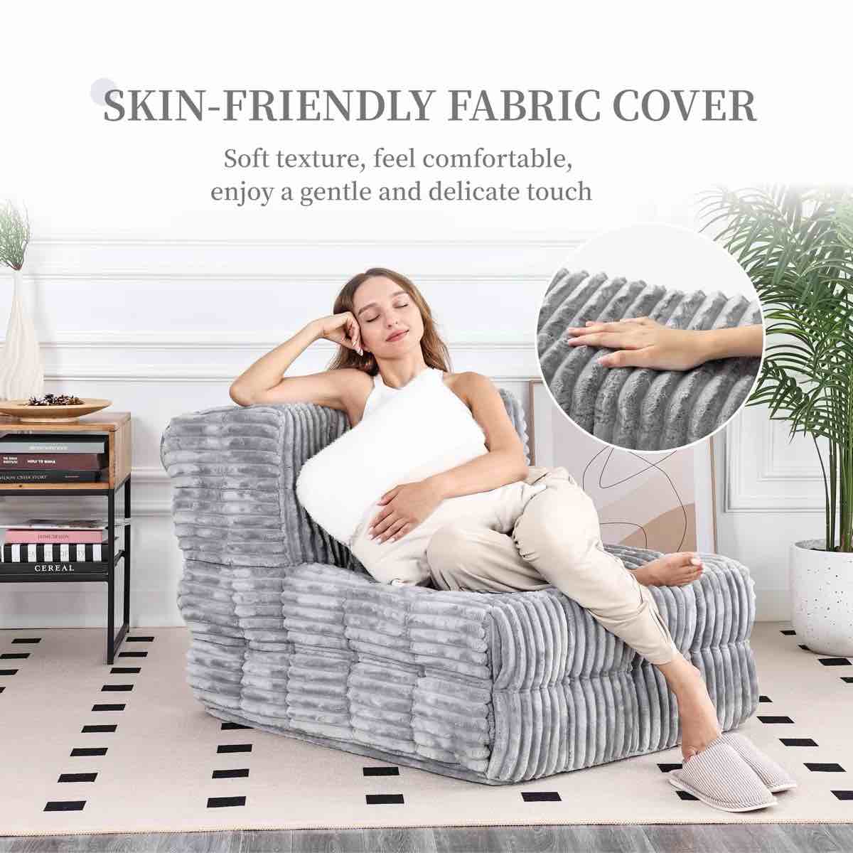 Condition photo showing New/Like New for 33.5 modern channel tufted bean bag accent chair