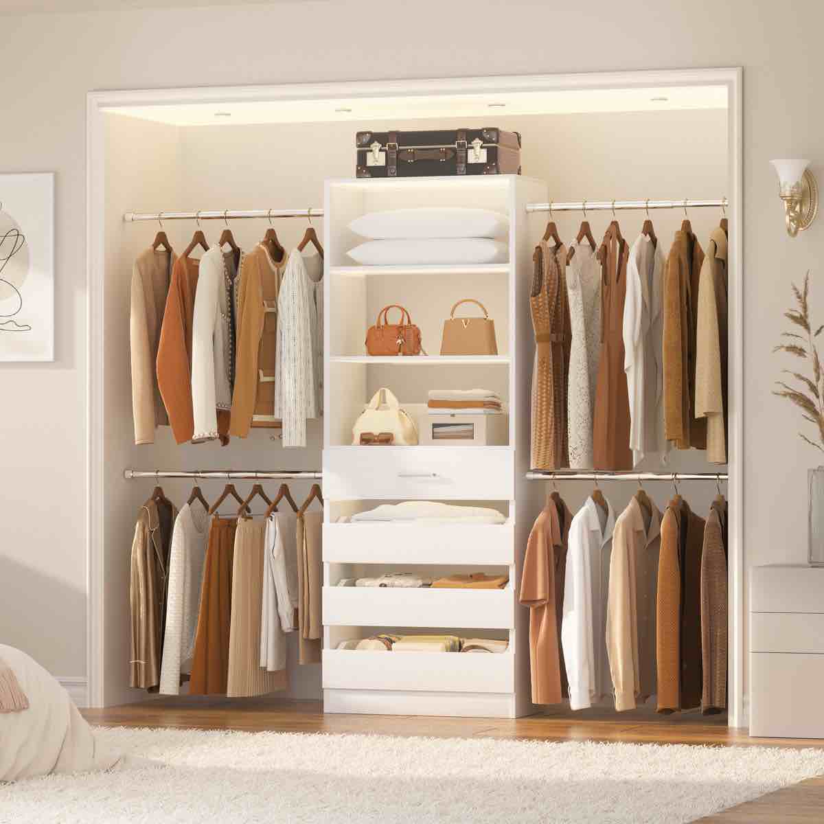 4-9Ft Closet Organizer With 4 Wooden Drawers And 4 Rods