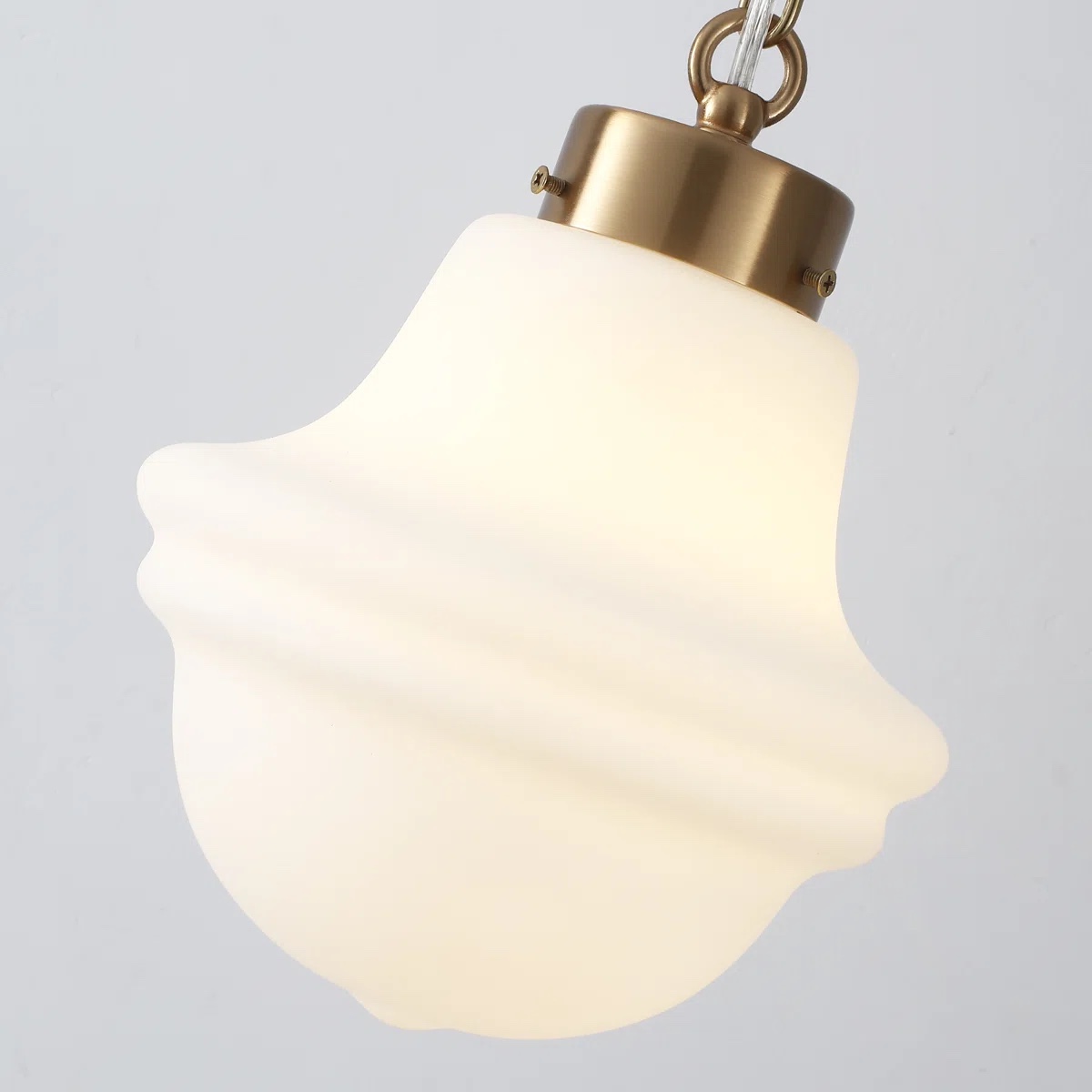 Condition photo showing New/Like New for Myrtis 8.26 in. 1-Light Schoolhouse Metal Pendant Light with Frosted Opal Glass Shade Adjustable Pendant