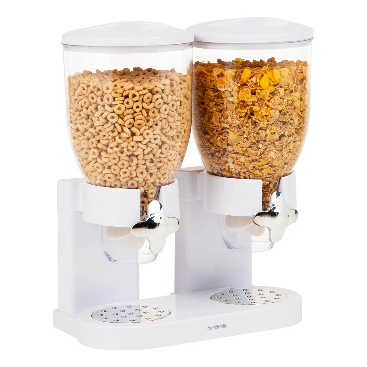 Condition photo showing New/Like New for Mind Reader Double Cereal Dispenser for Countertop, 2 x 2L Airtight Containers, Rotating Dry Food Dispenser for Cereal, Rice, Candy, Coffee Beans, White