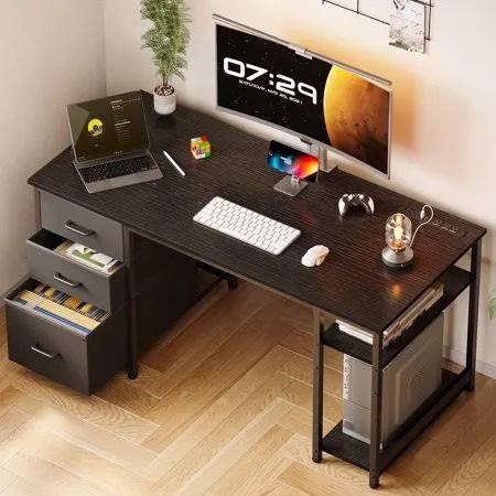 51 inch Reversible Home Office Desk with USB Power Outlets, File Drawers, Modern Computer Desk, Storage