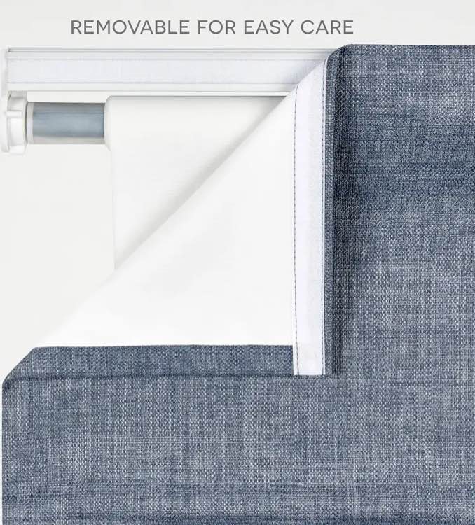 Condition photo showing New/Like New for exclusive home curtains acadia chambray blue cordless total blackout roman shade