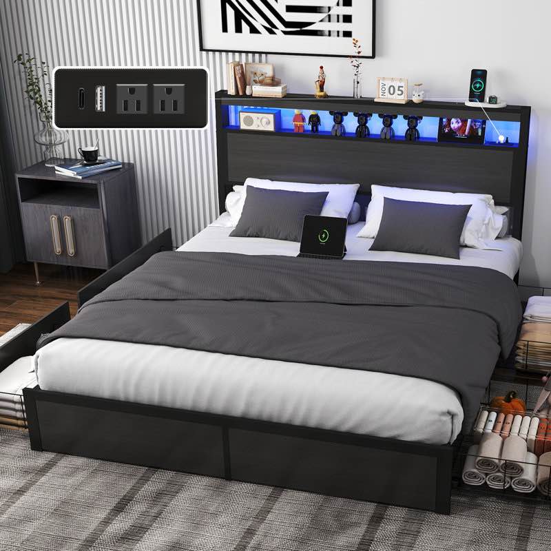 Bed Frame with 4 Storage Drawers and 2-tier Solid Wood Headboard Storage With Charging Station and LED Lights, Noise Free- Full
