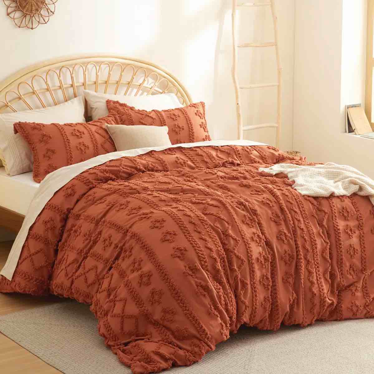 bedsure boho duvet cover queen size,burnt orange breathable & soft boho bedding,machine washable comforter cover for all seasons, includes 1 duvet cover 90"x90" with 2 pillow shams & zipper closure