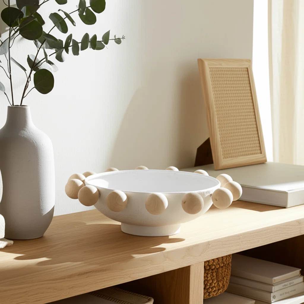 decorative bowl for home decor - modern wood and metal accent with sculptural wooden knobs, casual catch-all bowl for keys, jewelry, or potpourri display on entryway table or console - 13", white
