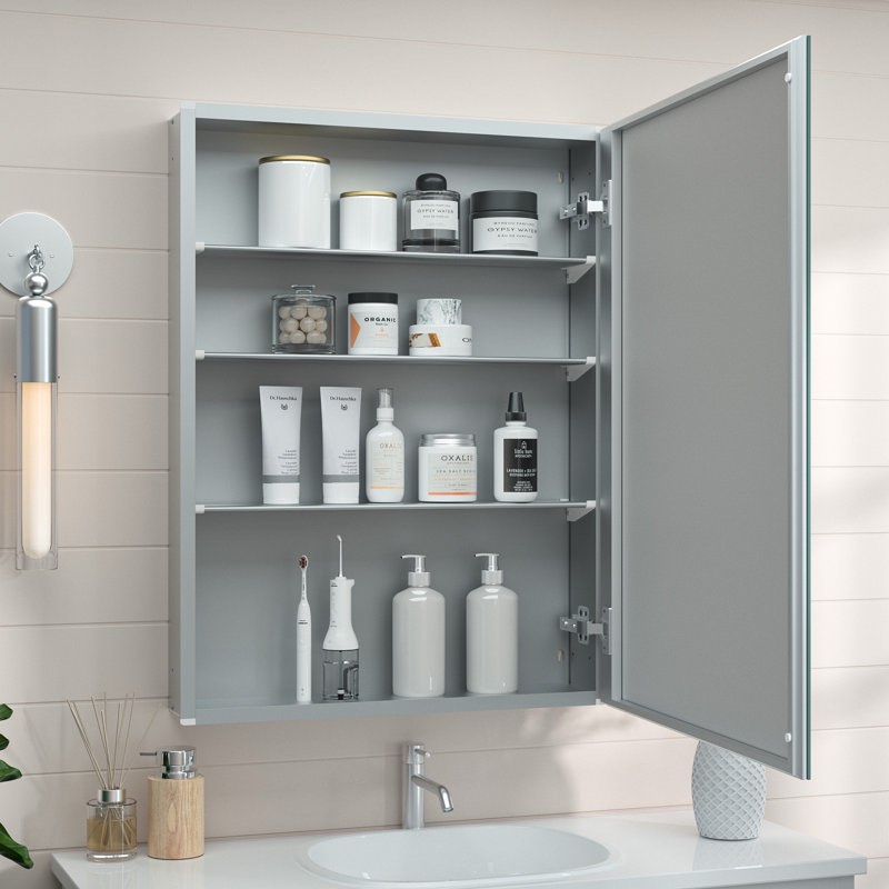 husai recessed or surface mount aluminum frameless medicine cabinet with mirrored door and adjustable shelves 24''x32''