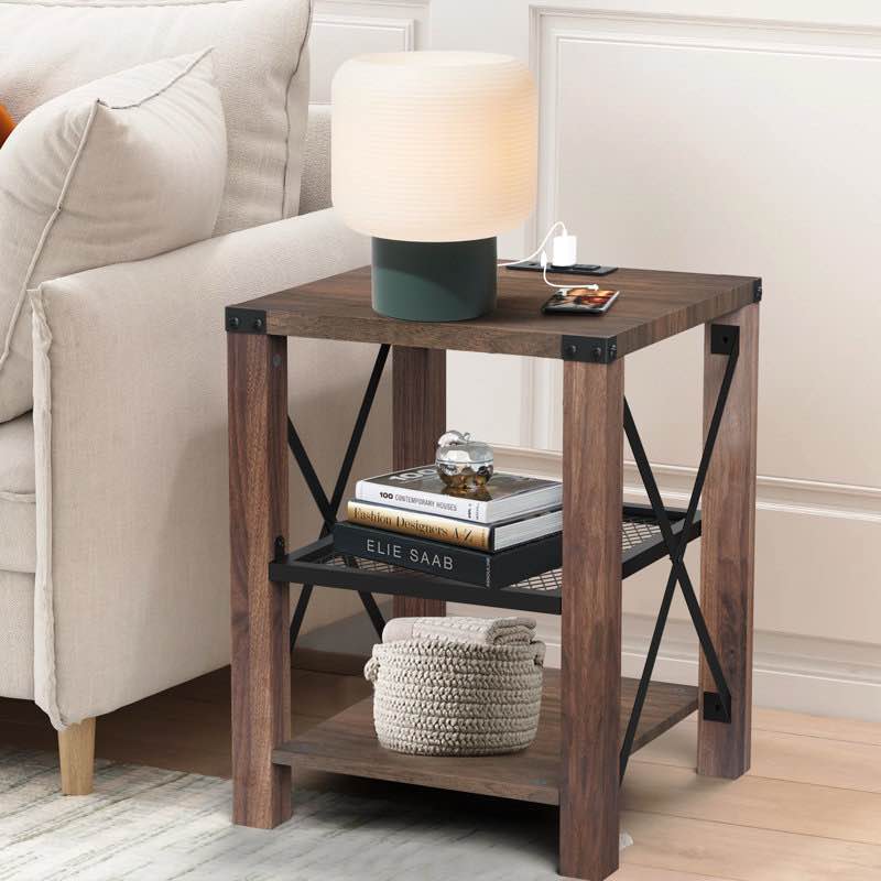 eidelweiss tall end table nightstand with 2 usb ports, 2 power outlets, and 2 storage shelves