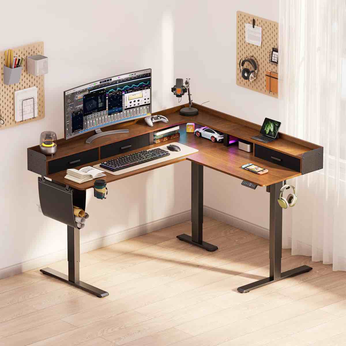 63" Height Adjustable L Shaped Standing Desk with 3 Drawers and Monitor Shelf, Electric Corner Comupter Desk, Sit Stand up Home Office Desk, Ergonomic Gaming Desk, Black Walnut