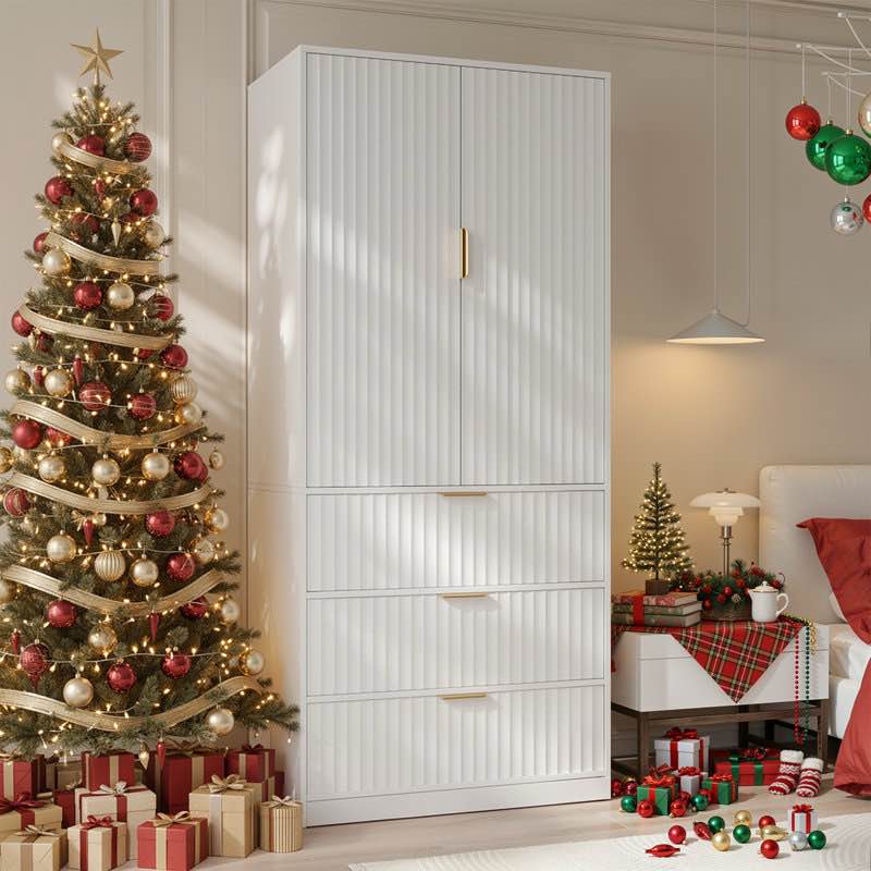70.9''H Wardrobe Closet, 2-door Armoire Wardrobe With Built-in Mirror, Wardrobe with 3 Drawers