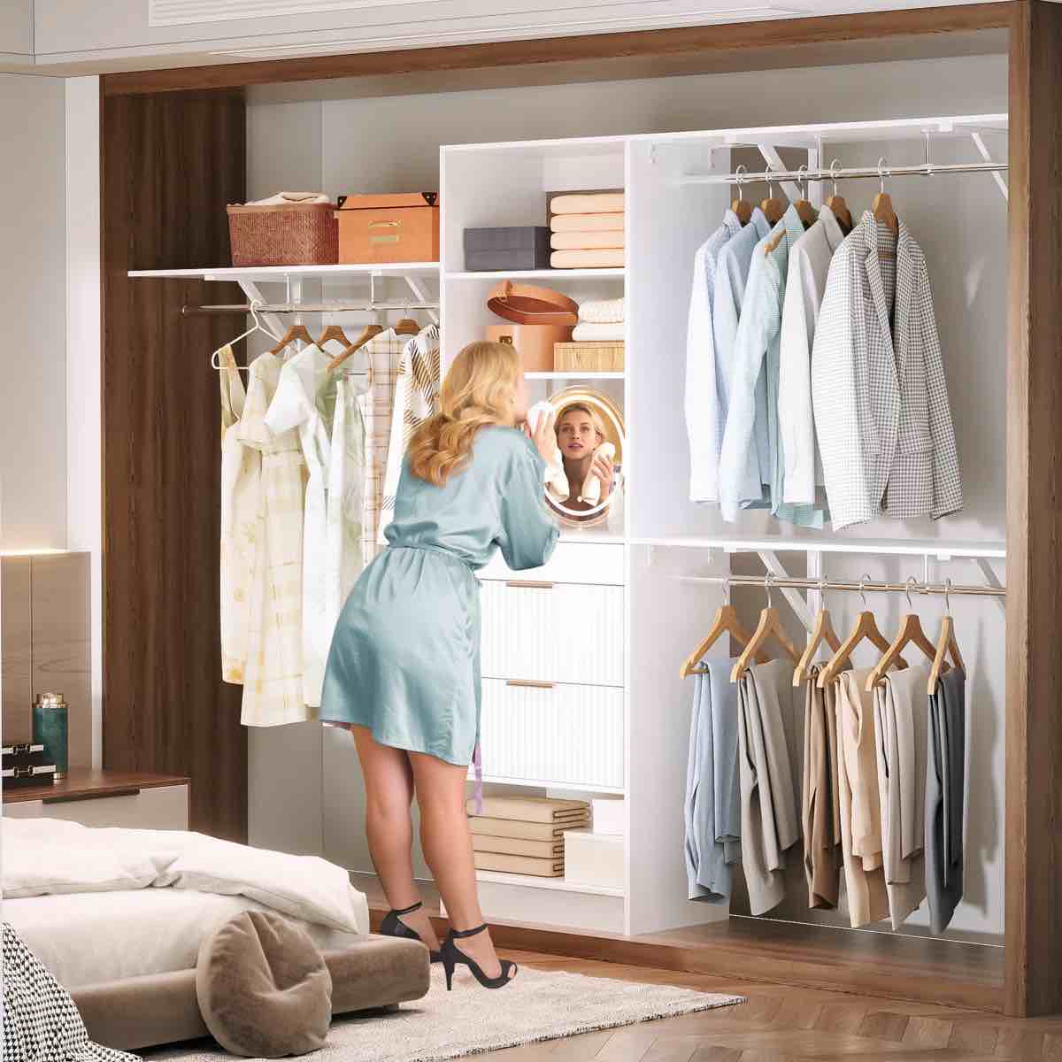 8ft White Closet Organizer System With 3 Wooden Drawers & 3 Adjustable Hanging Rods - Walk-in Wardrobe Storage Solution With Shelves For Bedroom, Closet Or Laundry Room Organization