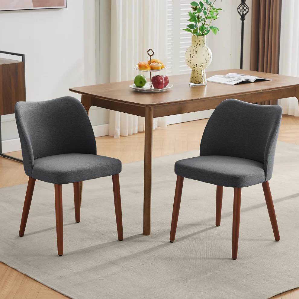 (3)Garvee Set of 2 Mid Century Modern Linen Dining Chairs with Wood Legs for Dining Room, Dark Grey