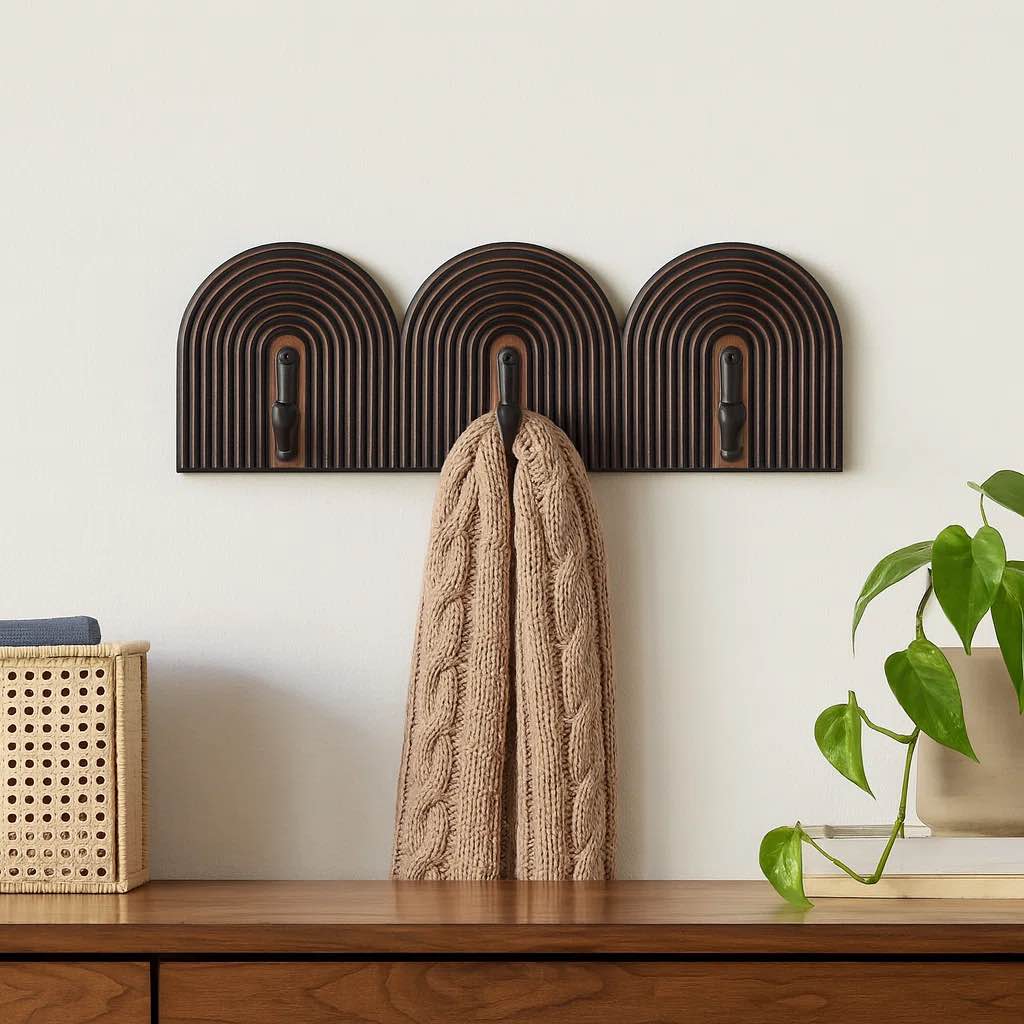 decorative arch wall mounted hook rack with 3 metal hooks - stylish wall coat rack storage or everyday accessories - 19", black