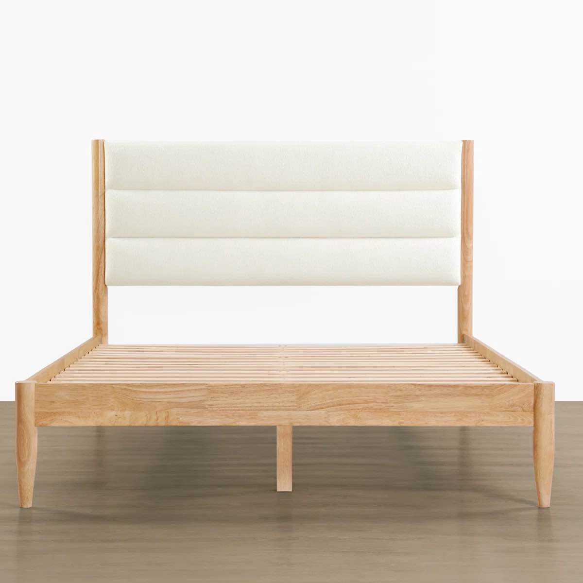 Condition photo showing New/Like New for nasia solid wood boucle upholstered headboard bed frame- queen