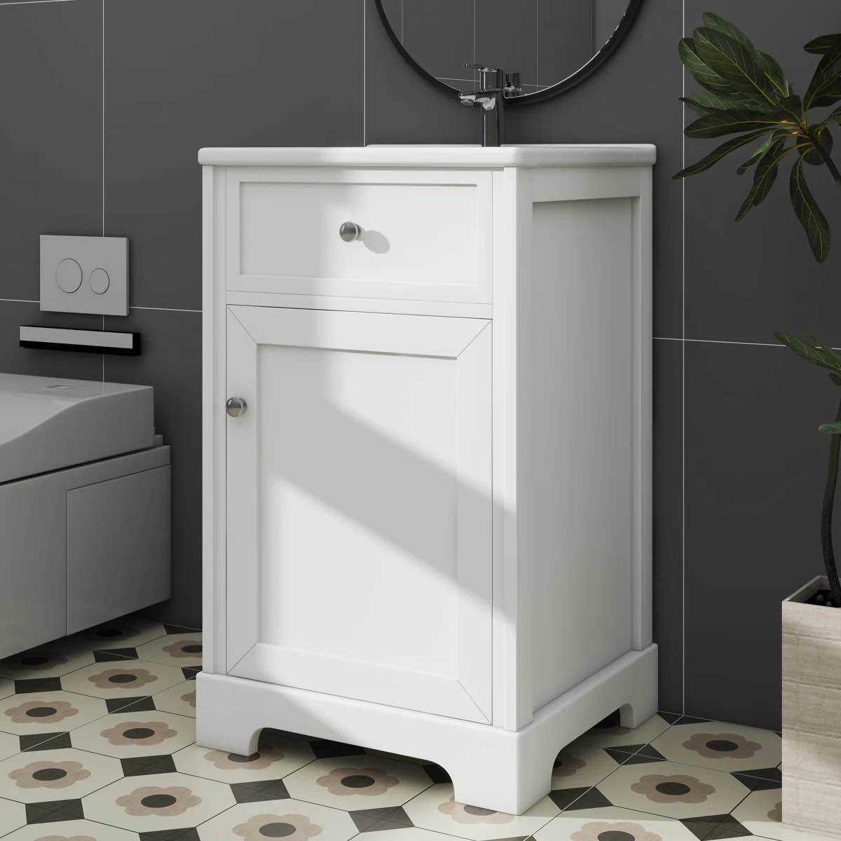 Condition photo showing New/Like New for 20-inch modern bathroom vanity comes with ceramic basin and adjustable inner shelf