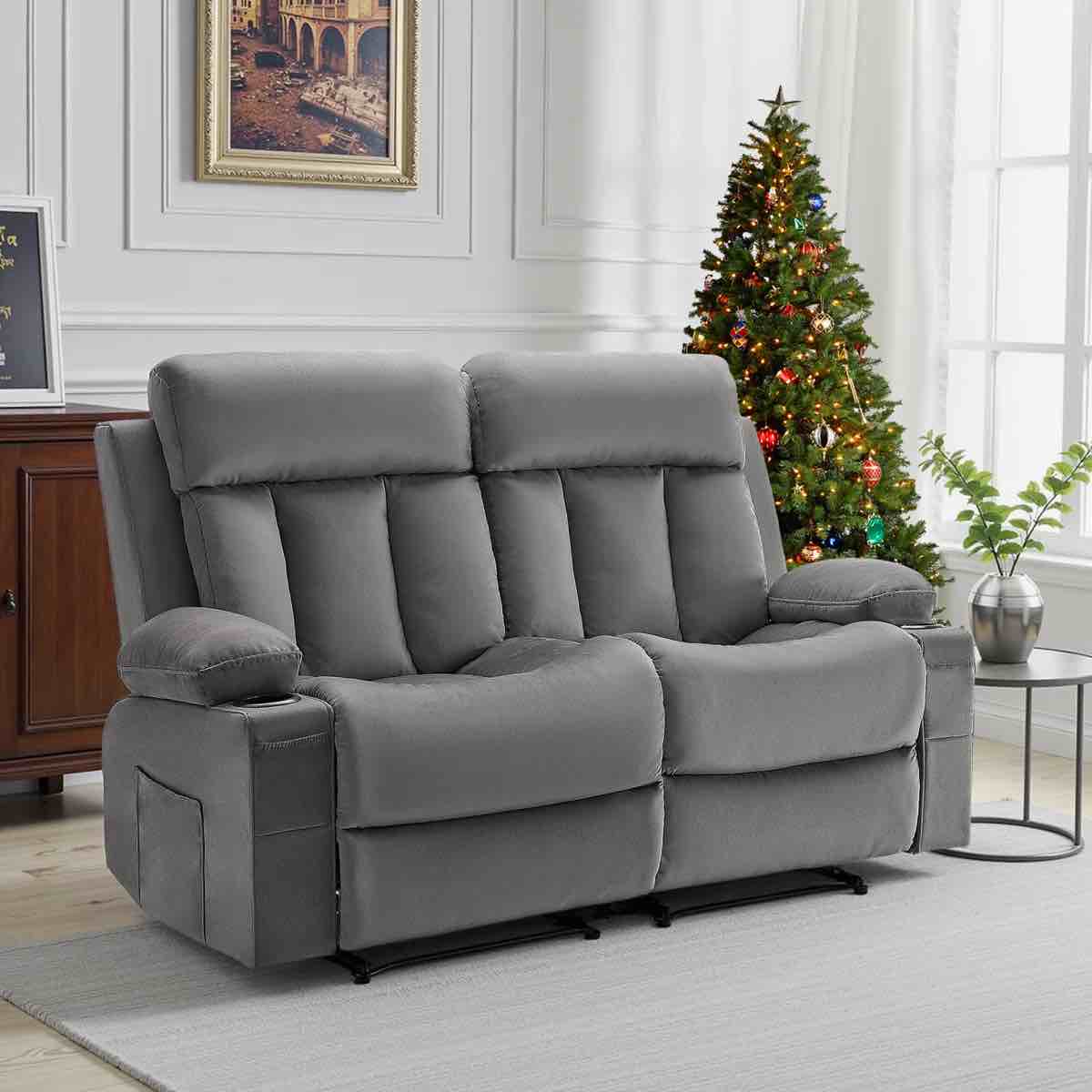 Loveseat Recliner Sofa, Power Reclining Couch with Heating and Massage, Soft Velvet Electric Recliner Sofa with USB Ports, Cup Holders and Side Bags, Dual Loveseat Chair for Living Room, Grey