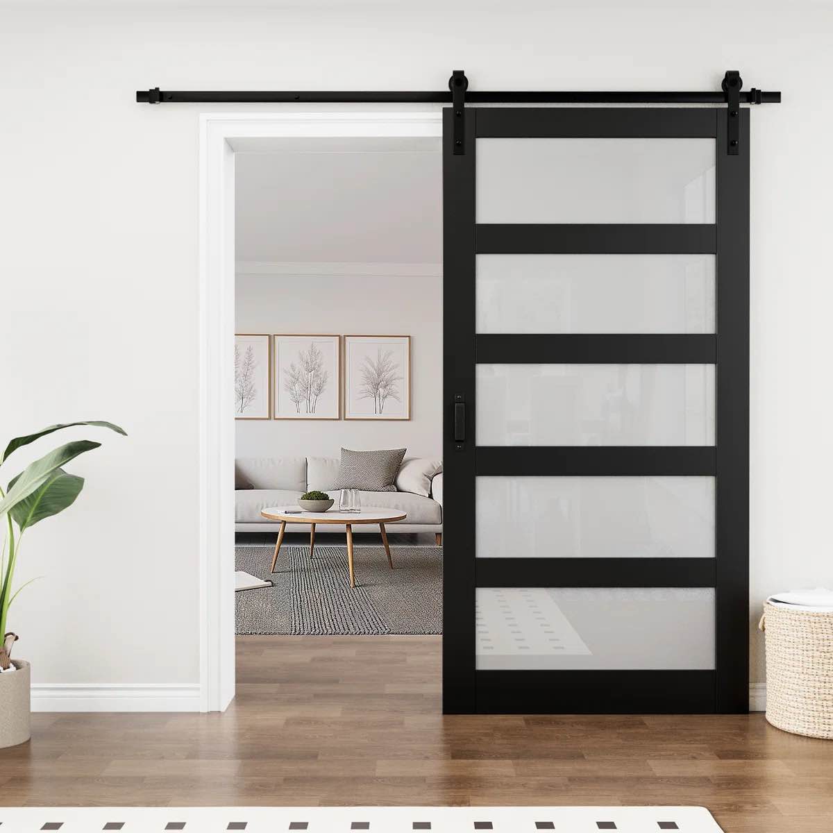 18”x84''H Black Wood Glass Paneled Sliding Barn Door Hardware not included