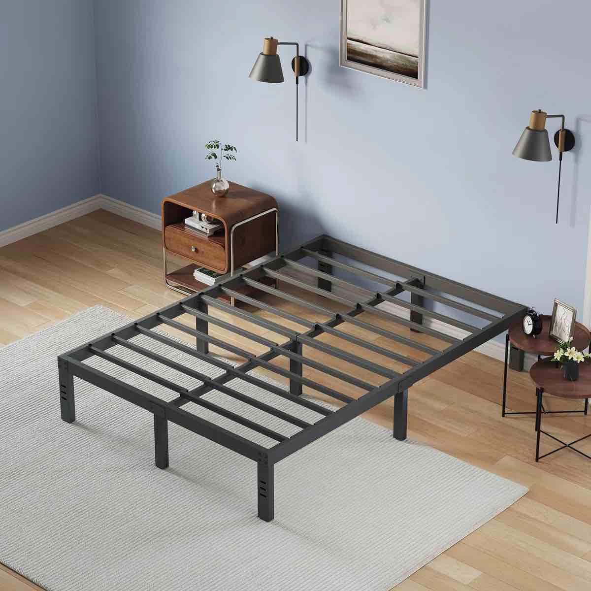 metal platform bed frame with heavy duty steel slat support, no box spring needed