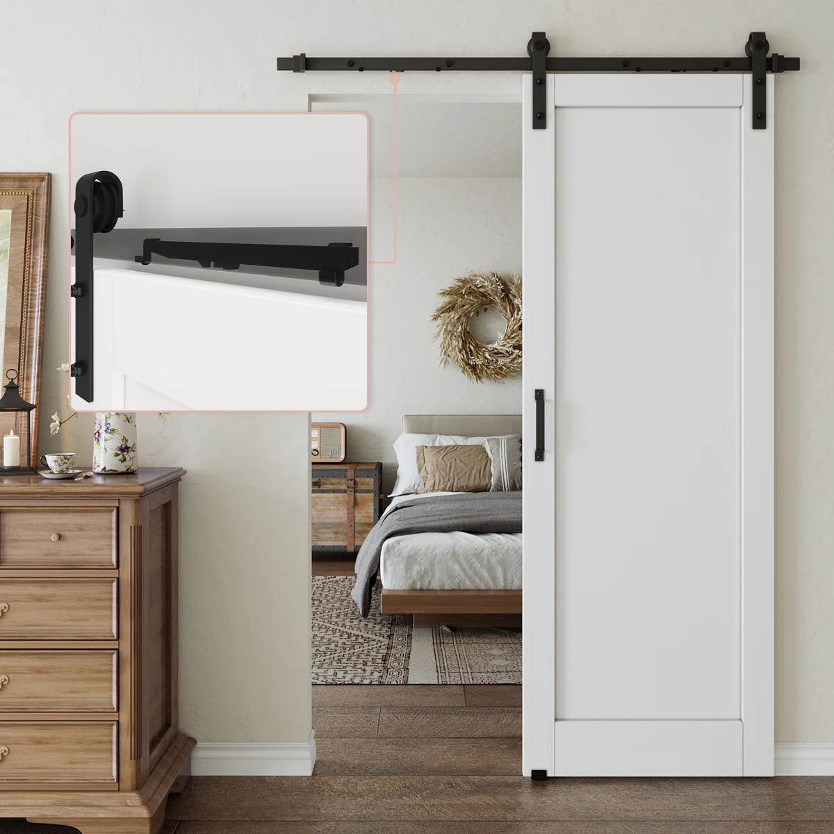 Condition photo showing New/Like New for solid manufactured wood panel white primed sliding barn door with rail 12''