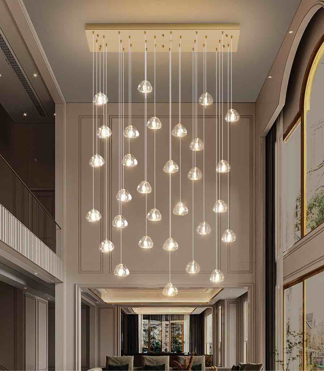 Condition photo showing New/Like New for haixiang glam chandelier bubble crystal pendant light fixture, dimmable, antique gold, 30 lights rectangular, model mmq9025