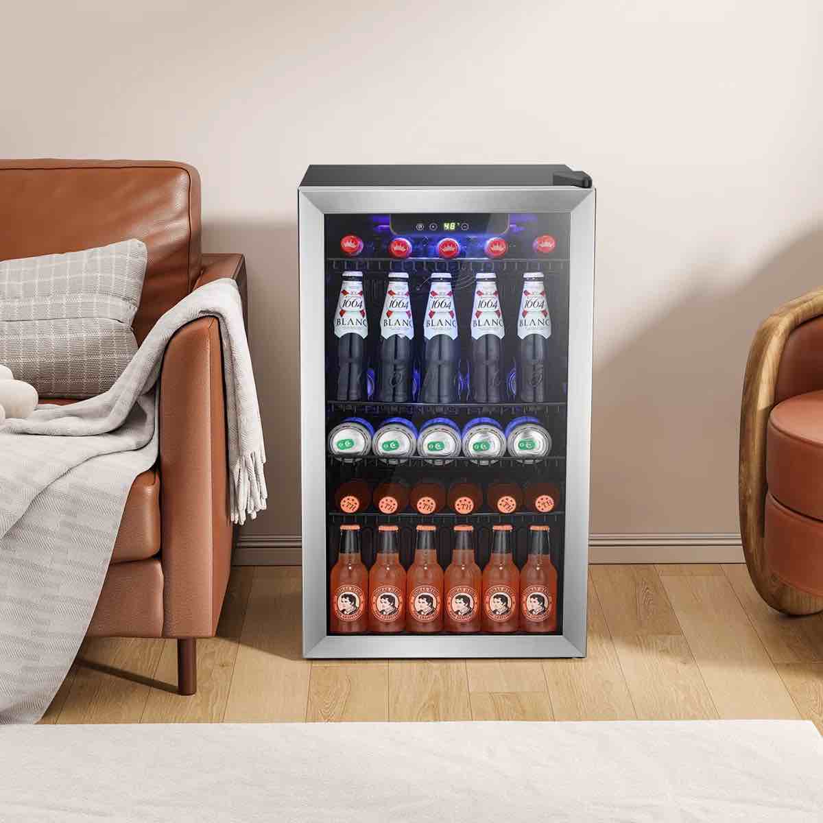 17.32'' W 3.2 Cu.ft Beverage Refrigerator, 26 Wine Bottles or 113 Cans, Stainless Door, Touch Panel, 32-61, LED, Removable Shelves