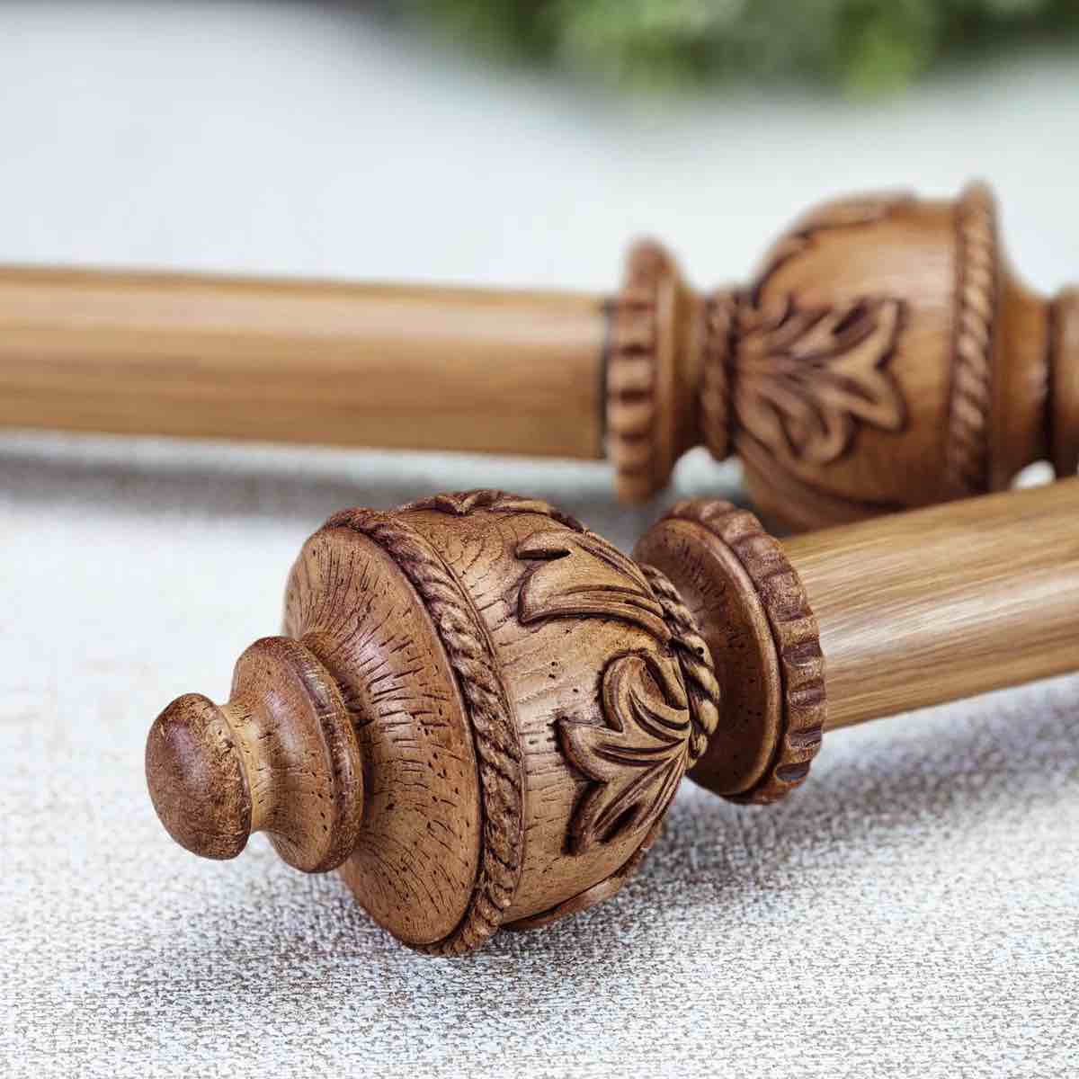 1-1/8 Inch Diameter Curtain Rods with Carved wood design Finial, 72-144 inch Telescoping Faux Wood Single Curtain Rods for window width 68-140 inch, 1 pack