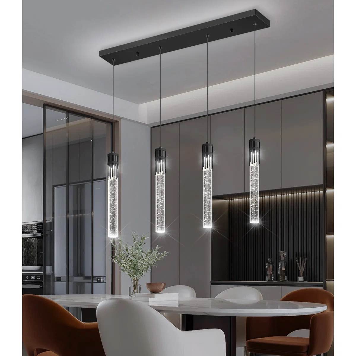 Rectangular Chandeliers 4 -Lights Long Light for Entryway LED Dimmable Chandeliers Lighting Fixture Flat Sloped High Ceiling Pendant Lights Crystal for Living Room Foyer Hallway Staircase Black 