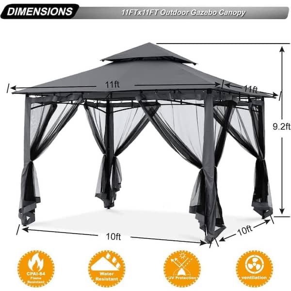 Condition photo showing New/Like New for 11 ft. x 11 ft. gray steel outdoor patio gazebo with vented soft roof canopy and netting