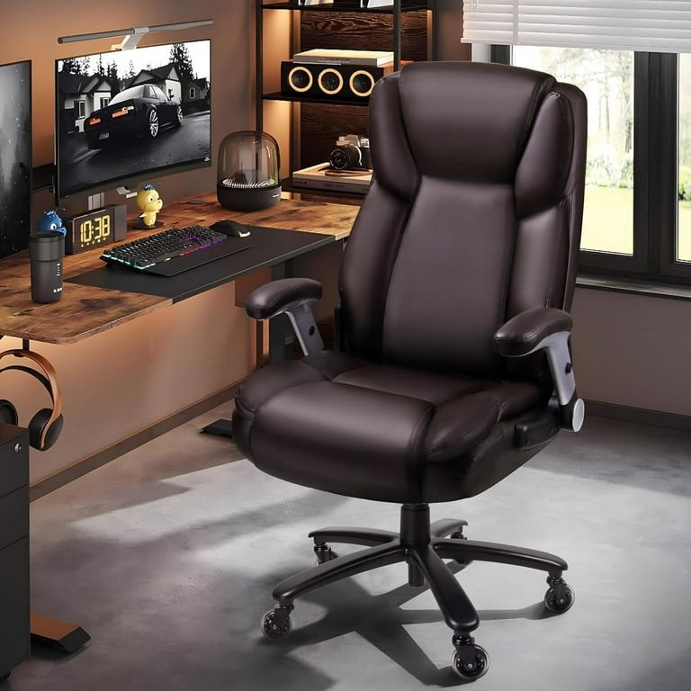 big and tall office chair with 3d flip arms, 500lbs pu leather home office chair with ergonomic lumbar support high back heavy duty office chair computer chair desk chair (brown)