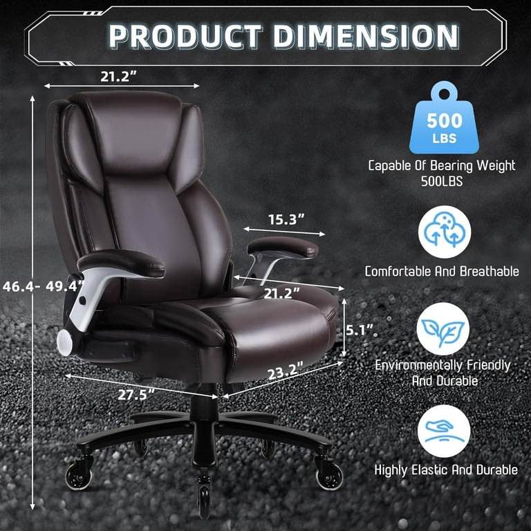Condition photo showing New/Like New for big and tall office chair with 3d flip arms, 500lbs pu leather home office chair with ergonomic lumbar support high back heavy duty office chair computer chair desk chair (brown)