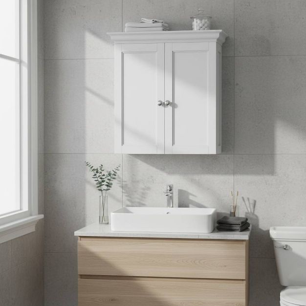 Condition photo showing New/Like New for teamson home stratford removable two-door wall cabinet with contemporary doors white 