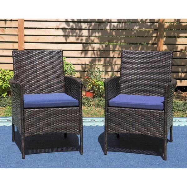 black rattan metal patio outdoor dining chair with beige blue cushion