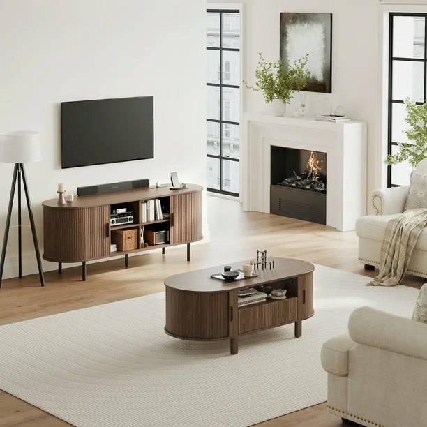 Condition photo showing New/Like New for marnur 55" tv stand for 60" tv, wood entertainment center with storage and shelves, 2 sliding tambour doors, mid-century modern