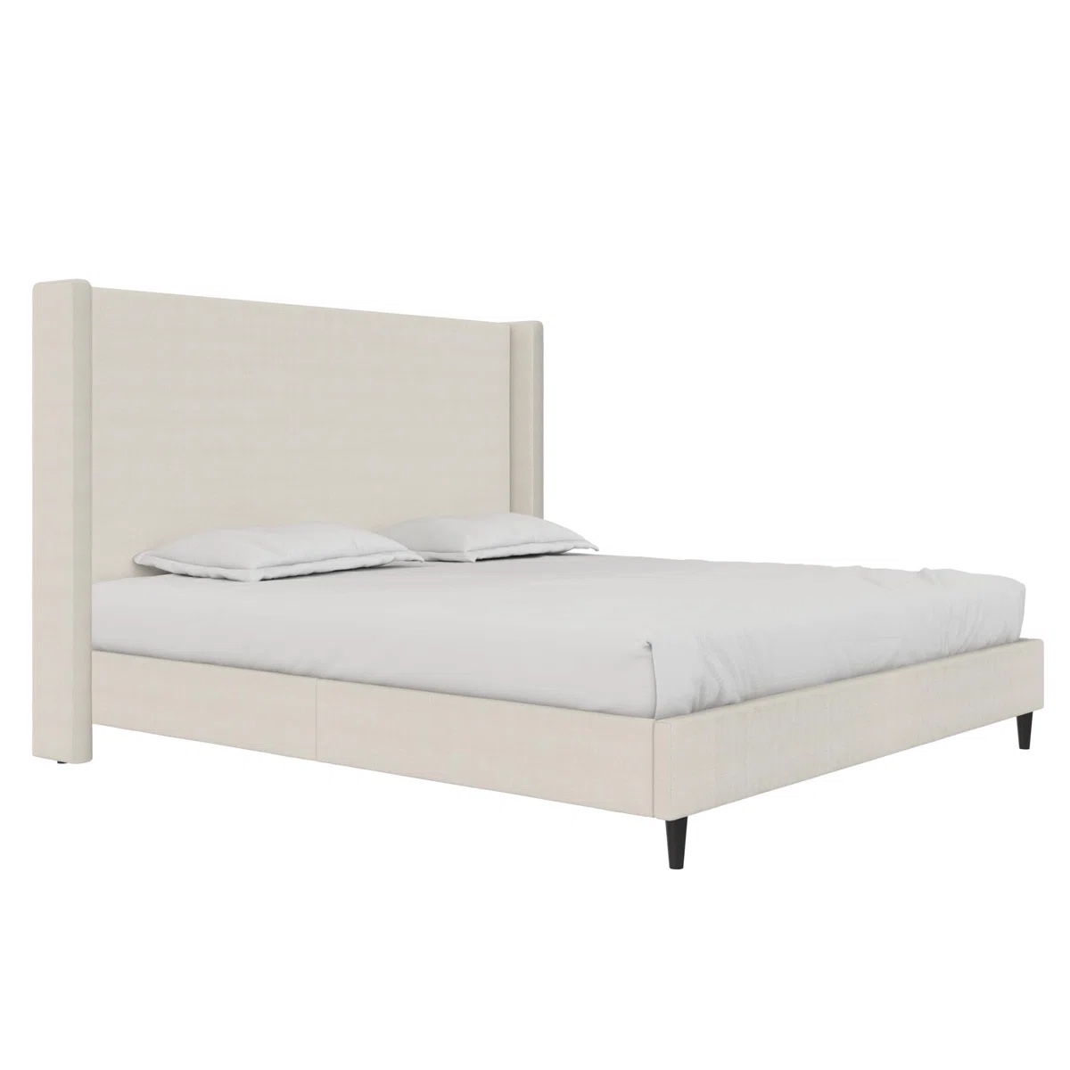 king- platform bed frame upholstered in a textured ivory canvas fabric. 