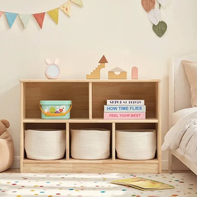 rubber wood 5-compartment montessori shelf, 35.4"l