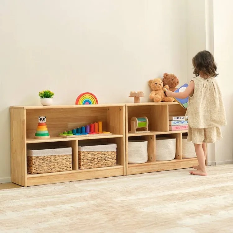 Condition photo showing New/Like New for rubber wood 5-compartment montessori shelf, 35.4"l