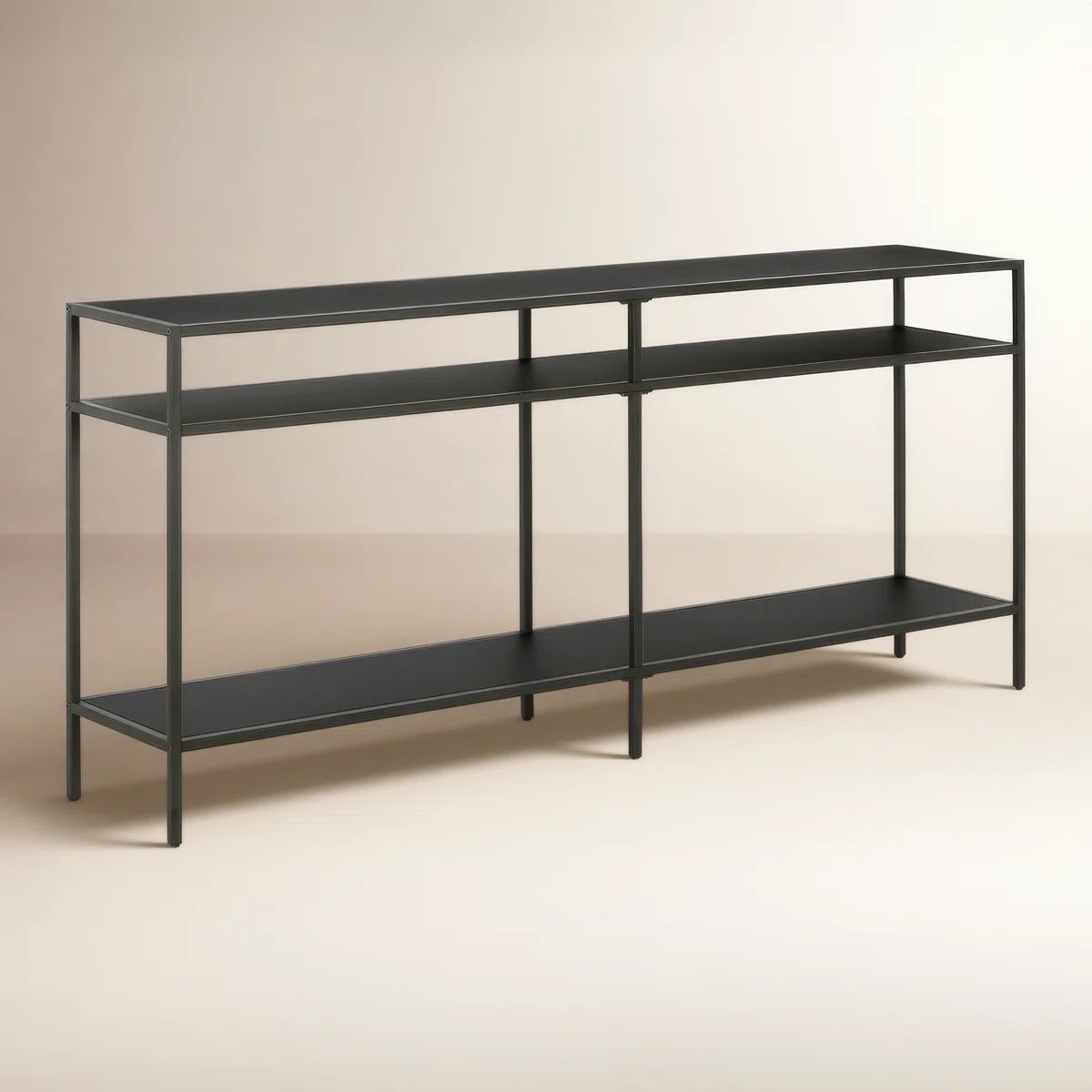 Condition photo showing New/Like New for 64" wide console table with 2-tier open shelving - blackened bronze modern metal entryway table for living room or hallway | ceno