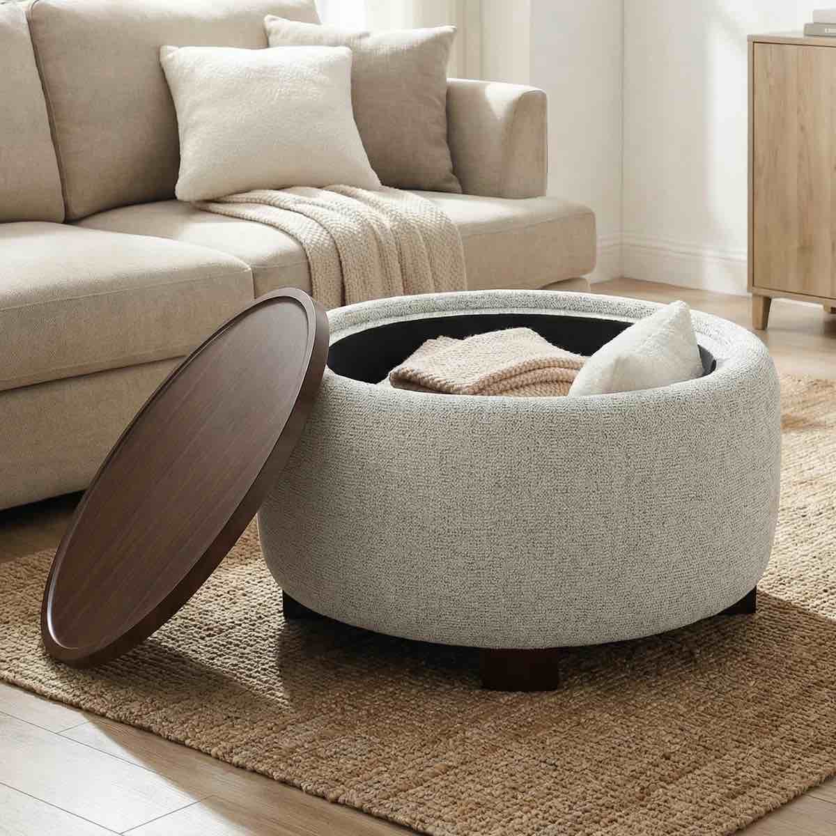 Condition photo showing New/Like New for 24'' wide upholstered tufted round storage ottoman