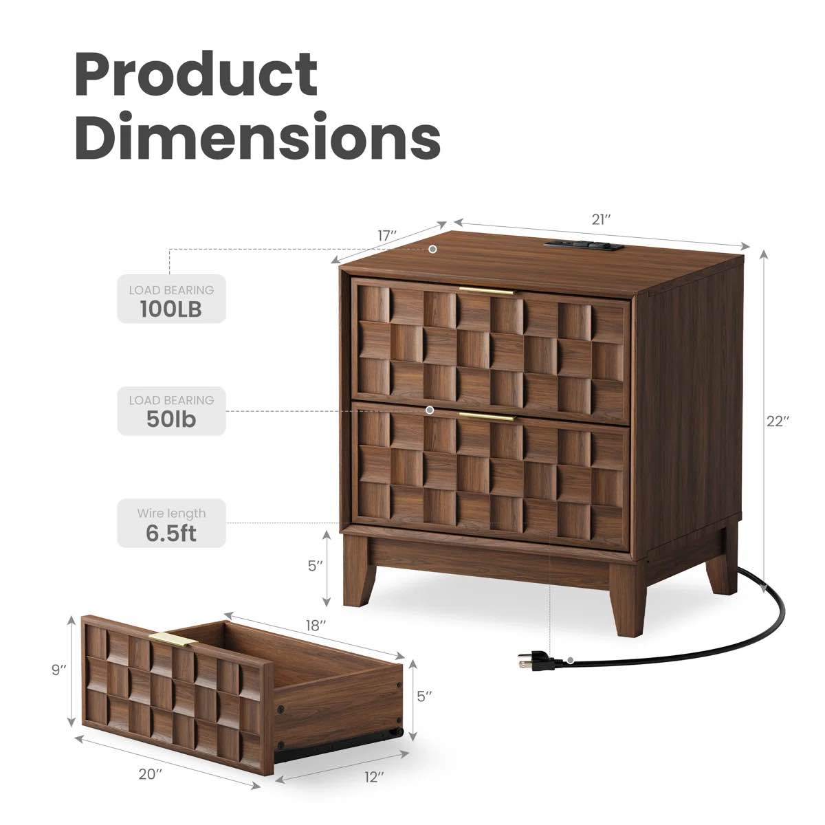 Condition photo showing New/Like New for valdean 21" w modern wood drawer nightstand with storage drawer and usb charging port
