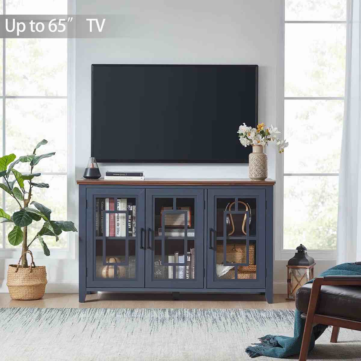 Condition photo showing New/Like New for joaxswe large sideboard buffet cabinet with storage, 55" farmhouse kitchen coffee wine bar cabinet with 3 glass doors, wood mid century modern side board table for dining room, living room,navy blue