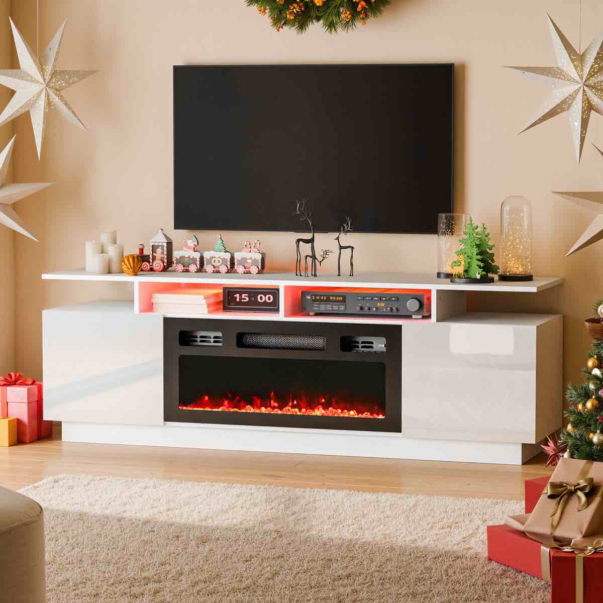 Condition photo showing New/Like New for kymberlyn high gloss fireplace tv stand for 75" tv with charging station