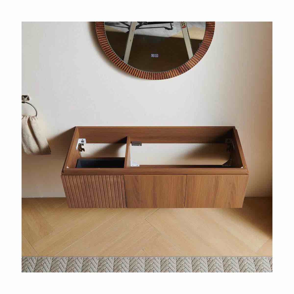 Condition photo showing New/Like New for 30" muri brown oak woodgrain plywood cabinet with double doors and one drawer, no basin and top, no faucet and sink cover