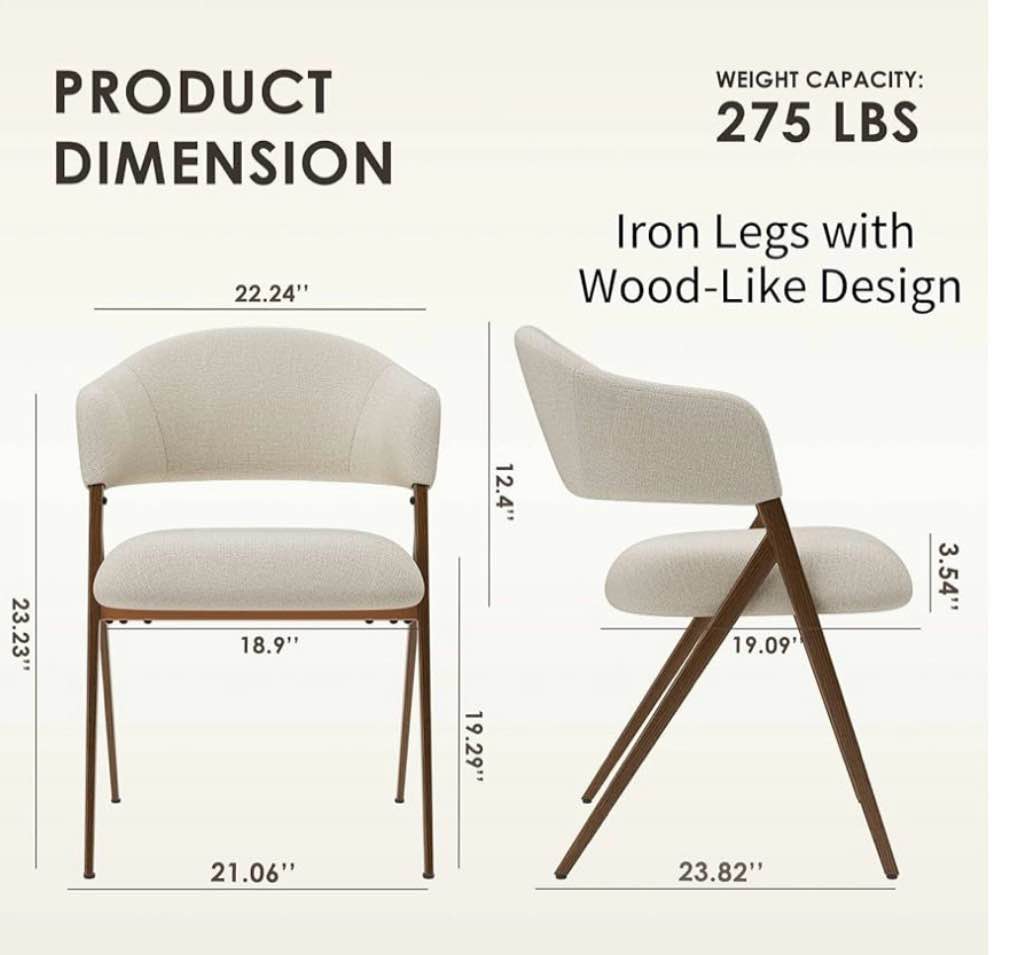 Condition photo showing New/Like New for colamy dining chairs set of 2, modern fabric upholstered dining room kitchen side chairs with iron legs, open back and padded seat, for living room/restaurant/cafe, beige