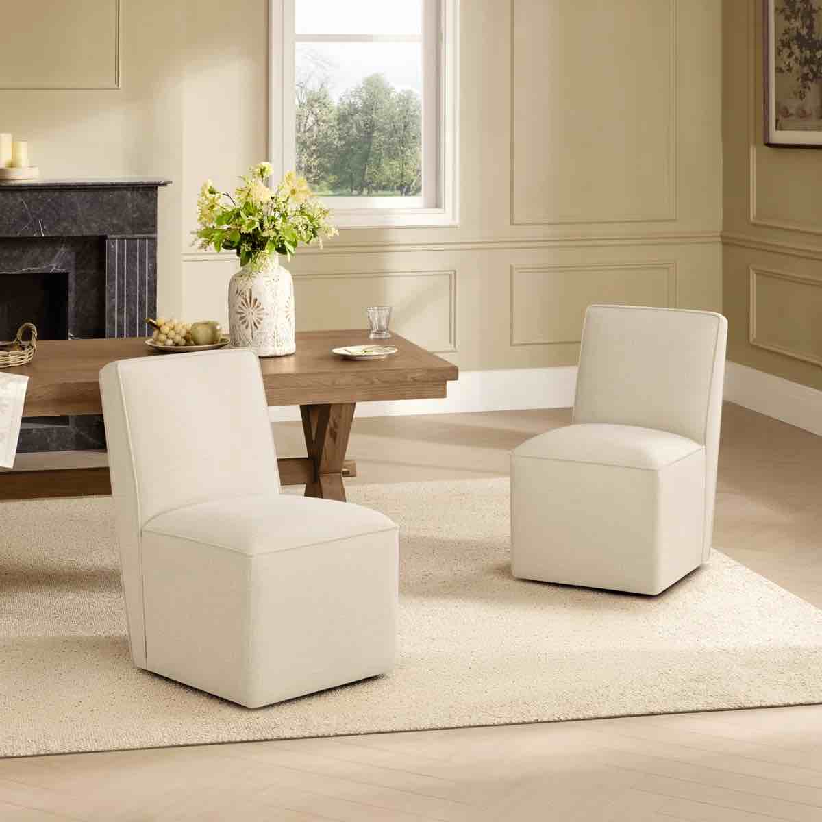 Condition photo showing New/Like New for upholstered rolling dining chair with casters - single - linen