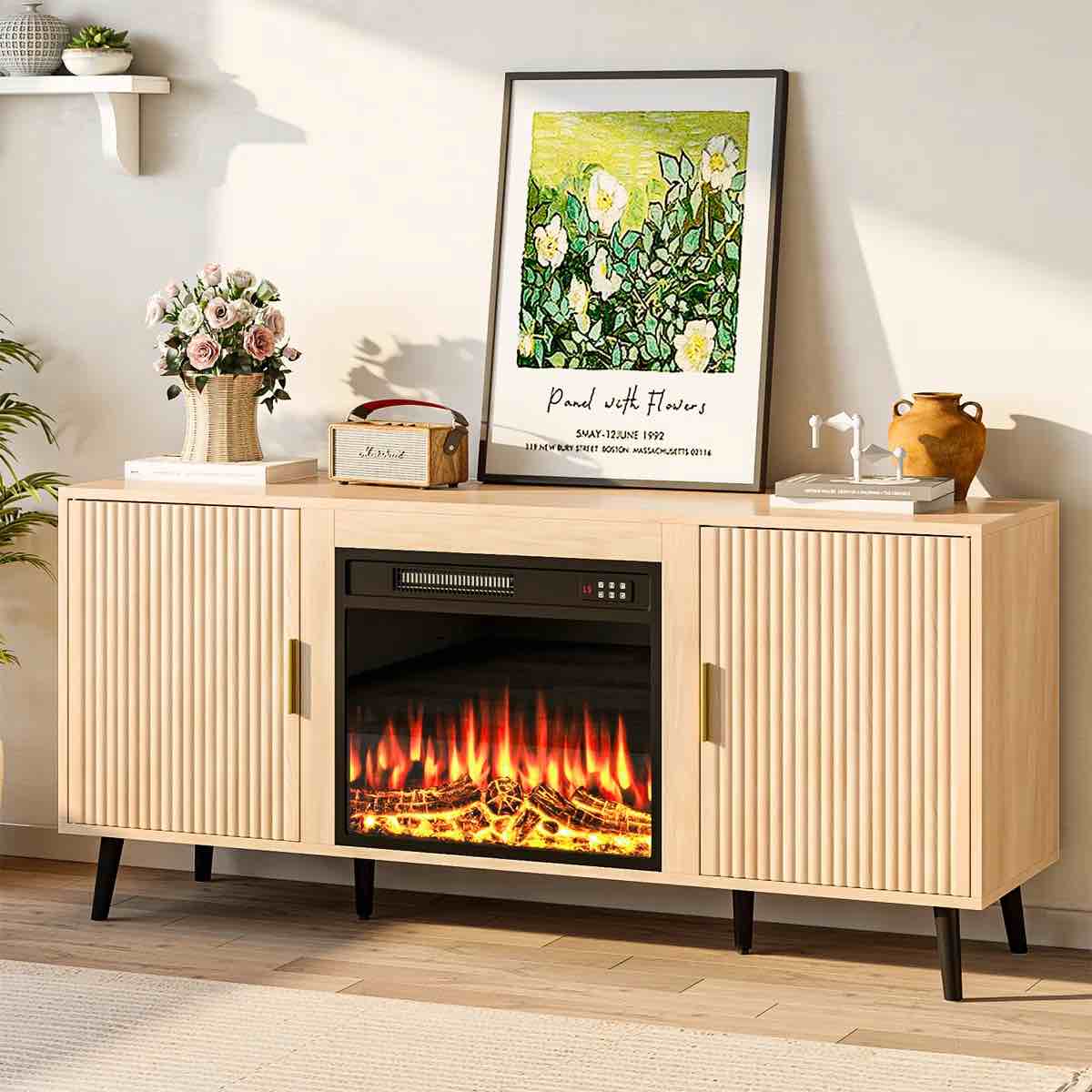 Mid-Century Modern tambour door fireplace TV stand. 