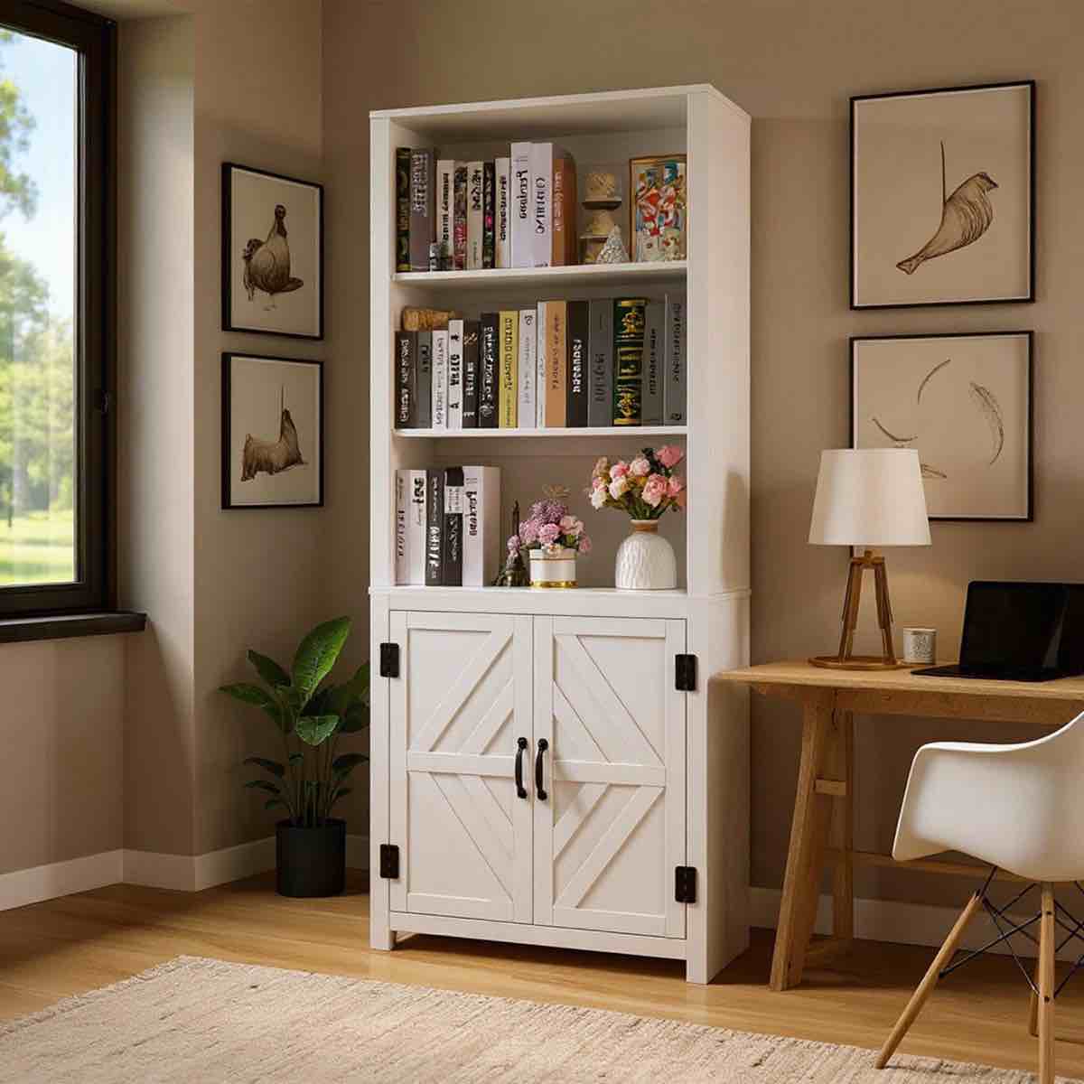 Ilus 71" H x 27" W Modern Storage Bookcase White Bookshelf Display with Cabinet & 5 Shelves for Home Decor
