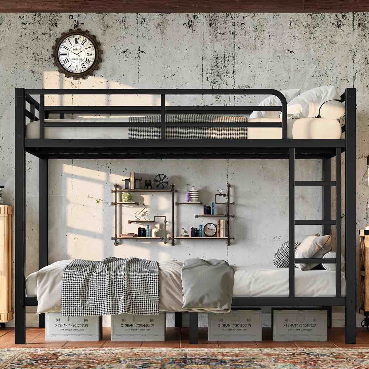 Metal Twin over Twin Bunk Bed for Teens & Adults, Space-Saving, Noise-Free, Metal Frame, No Box Spring Needed, Black