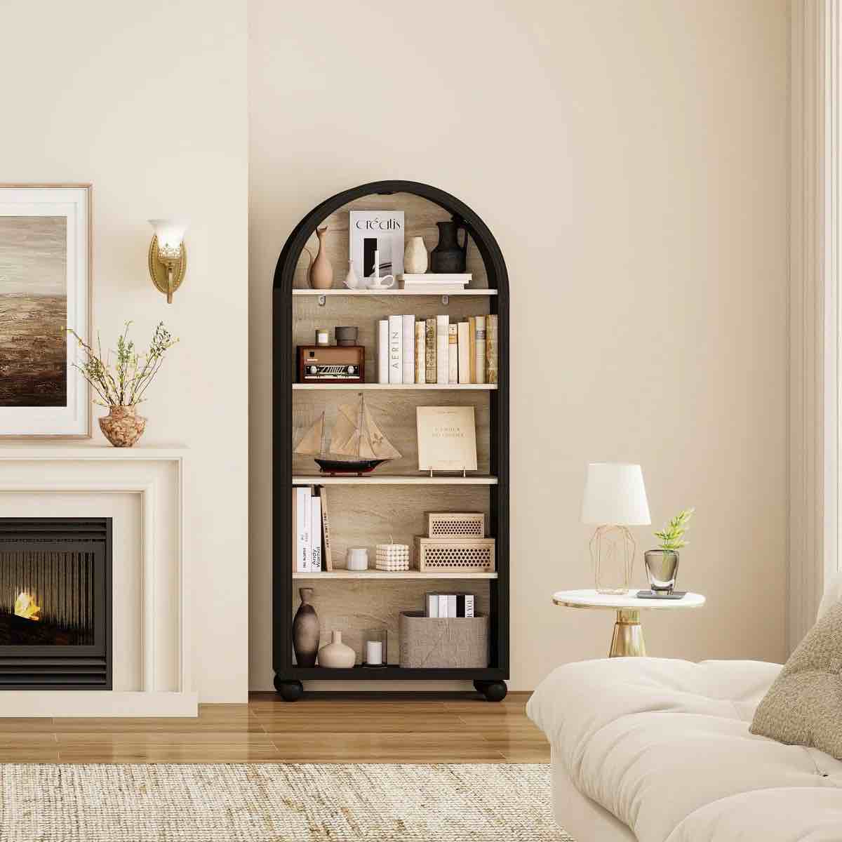Tall Arched Wood Bookcase, 5-Tier Open Bookshelf with Storage Shelves for Living Room, Bedroom & Home Office