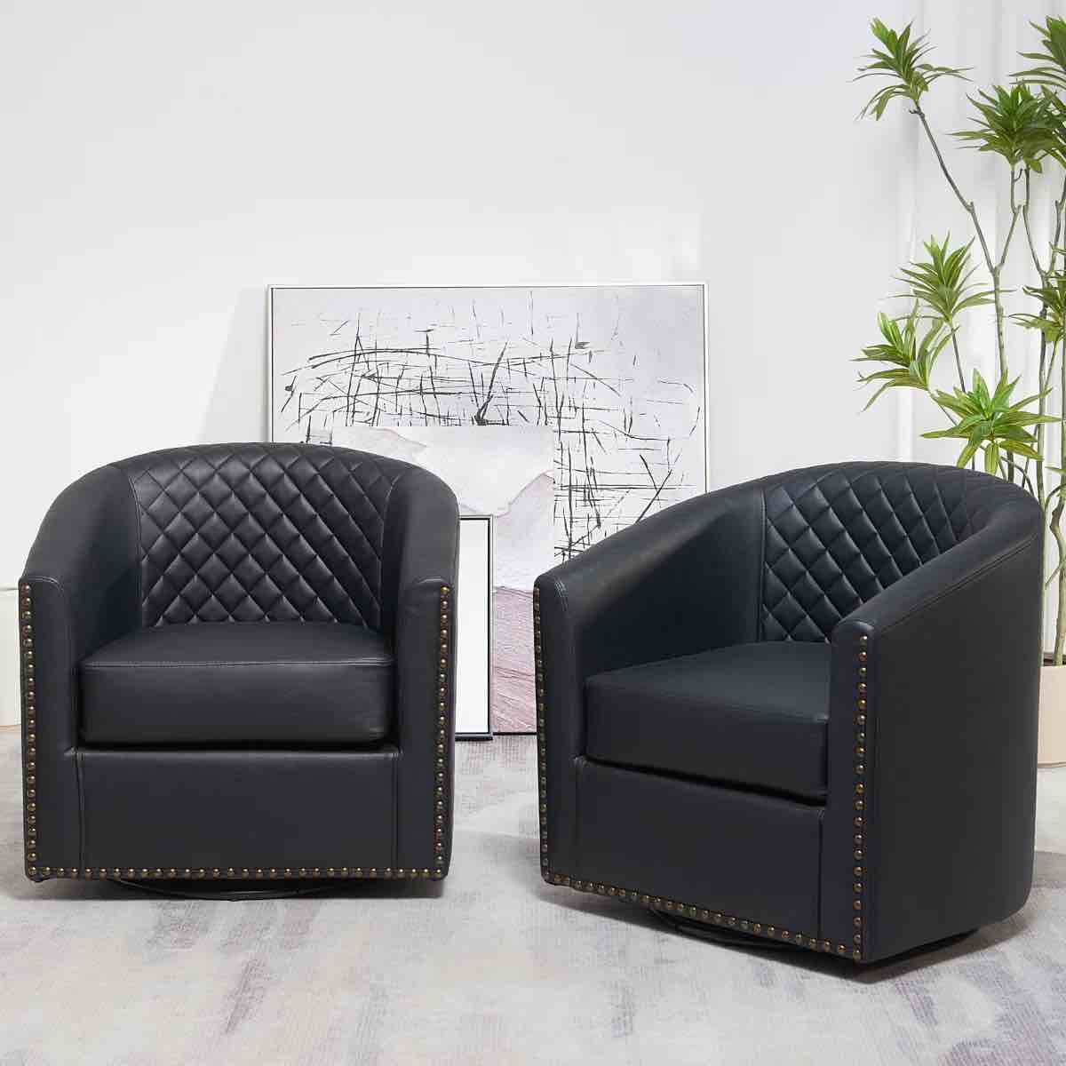 (2)KINWELL 29" Wide Tufted Faux Leather Swivel Barrel Chair, PU Leather Modern Upholstered Accent Chairs with Nailhead Trim, Small Armchair for Living Room Bedroom, Black