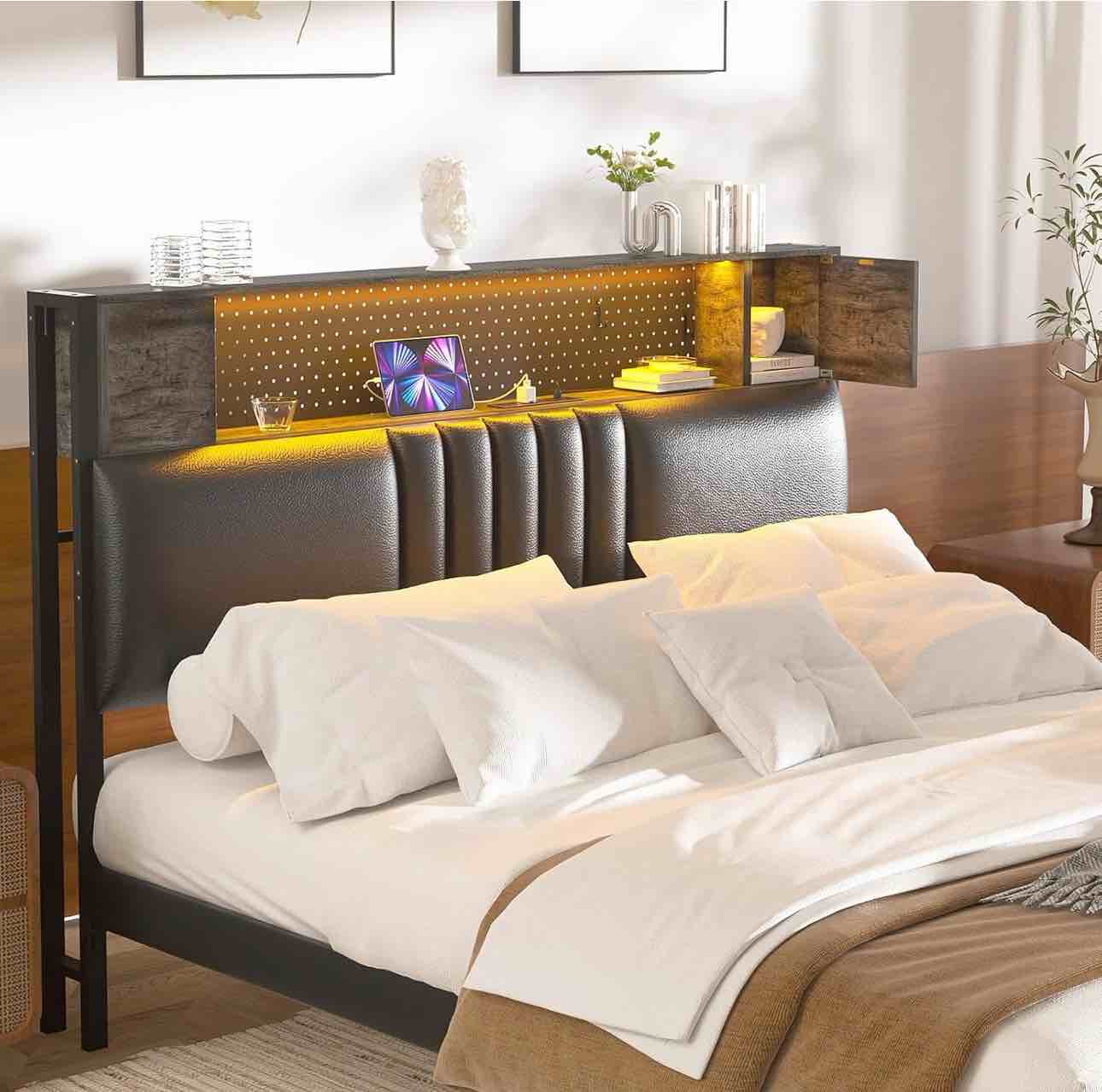 Condition photo showing New/Like New for unikito headboard for full size bed with storage and cabinet, black upholstered headboards with outlets, usb ports, and diy color of led light, full head board only, comfortable headboard,black oak