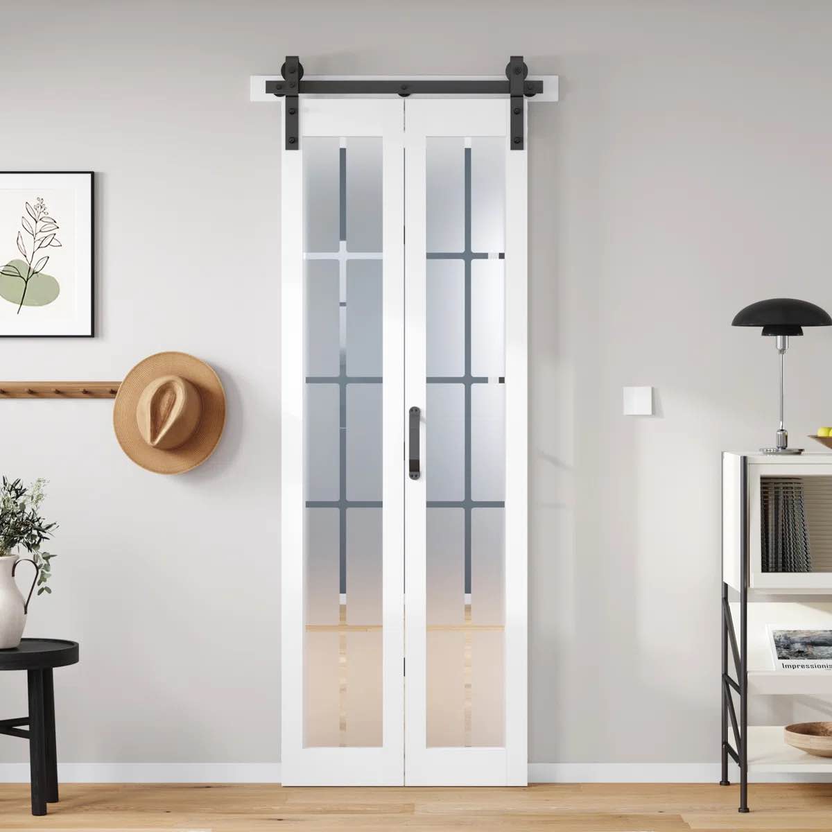 84'' Manufactured Wood And Glass French White Bi-Fold Barn Door With Installation Hardware Kit